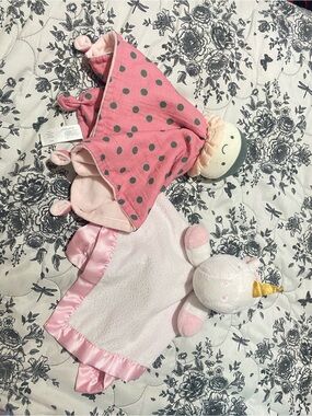 Cloud Island Pink Satin Unicorn Security Blanket and polka dot lady bug lovely